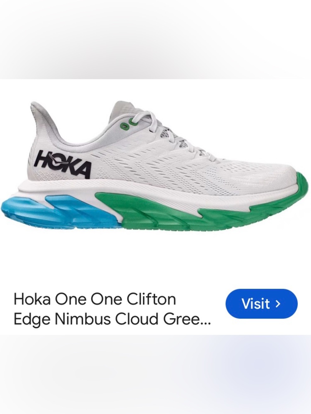 Hoka Clifton Edgy Women’s One One White Running Shoes with Green and Blue Soles